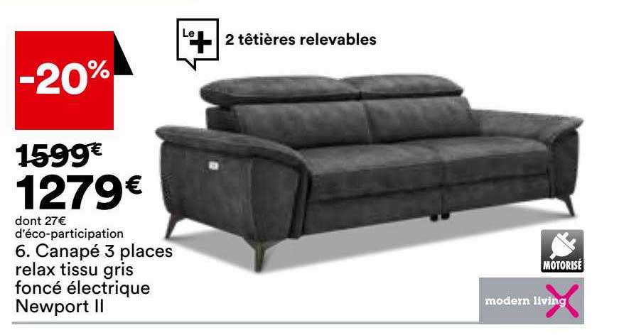 canapé 3 places relax tissu gris foncé électrique newport II modern living