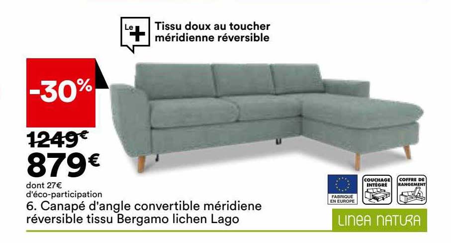 canapé d'angle convertible méridienne réversible tissu bergamo lichen lago