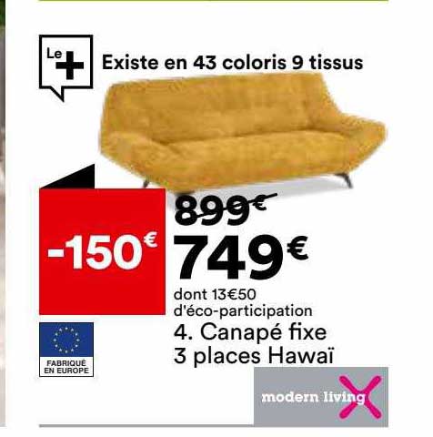 canapé fixe 3 places hawai modern living