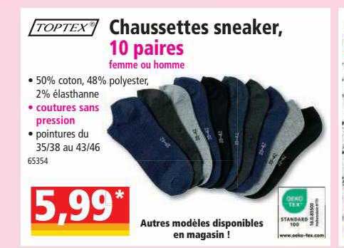 chaussettes sneaker, 10 paires femme ou homme toptex