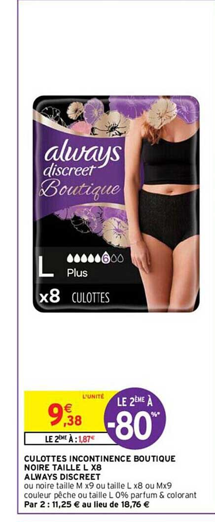 culottes incontinence boutique noire taille l x8 always discreet