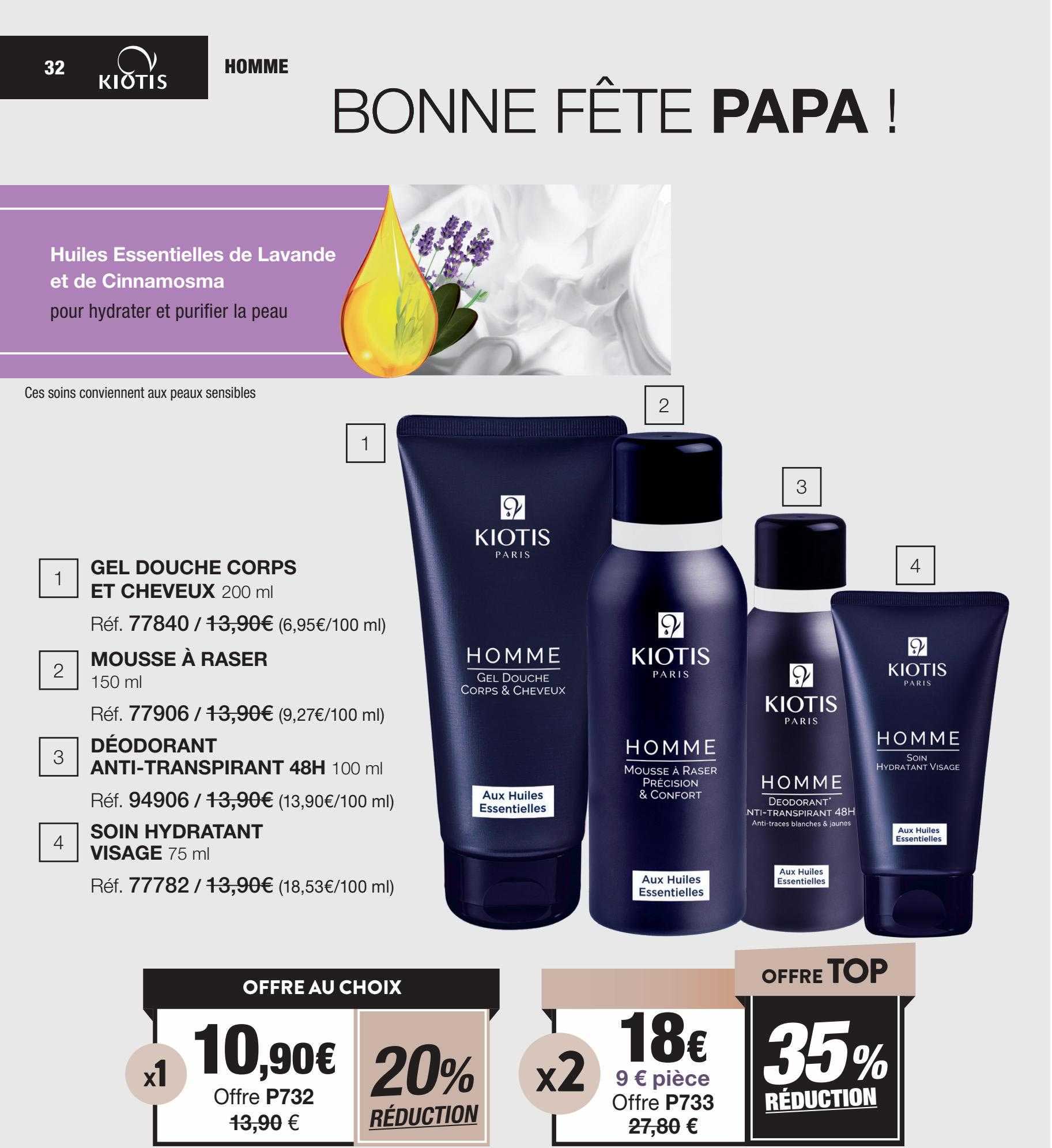 gel douche corps et cheveux kiotis, mousse à raser kiotis, déodorant anti-transpirant 48h kiotis, soin hydratant visage kiotis