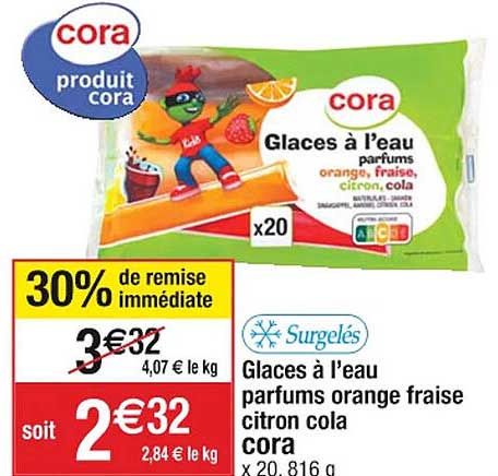 glaces à l'eau parfums orange fraise citron cola cora