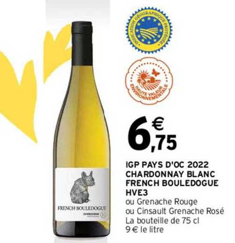 igp pays d'oc 2022 chardonnay blanc french bouledogue hve3