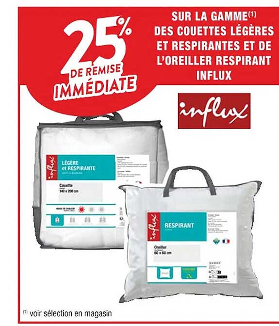 la gamme des couettes légères et respirantes et de l'oreiller respirant influx