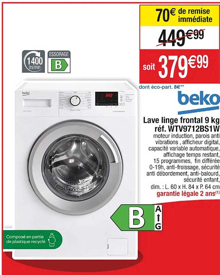 lave linge frontal 9 kg beko