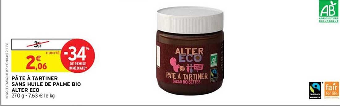 pâte à tartiner sans huile de palme bio alter eco
