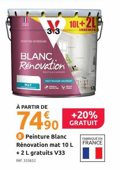 peinture blanc rénovation mat 10l + 2l gratuits v33