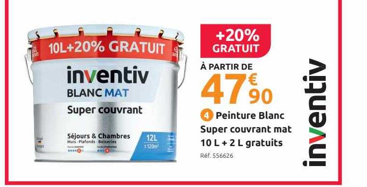 peinture blanc super couvrant mat 10l + 2l gratuits inventiv