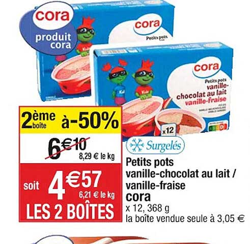 petits pots vanille-chocolat au lait-vanille-fraise cora