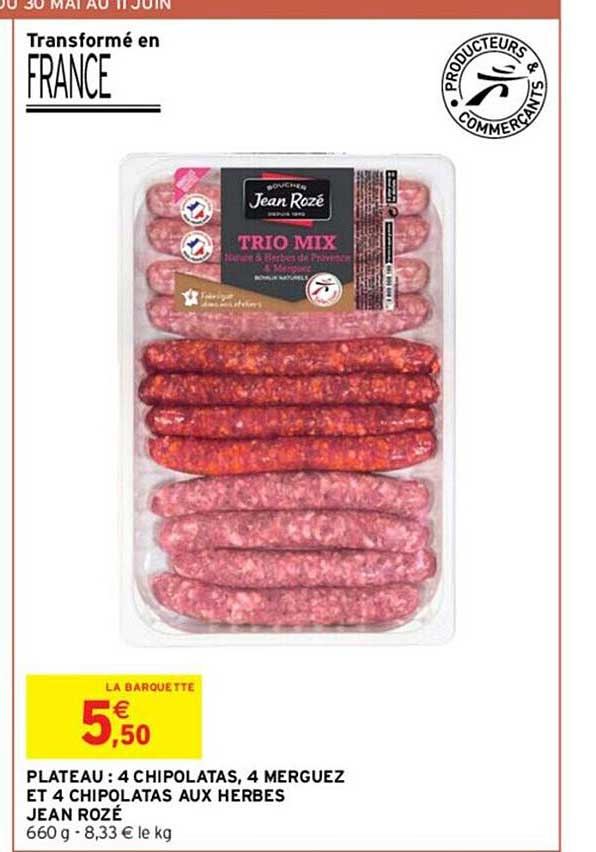 plateau : 4 chipolatas, 4 merguez et 4 chipolatas aux herbes jean rozé