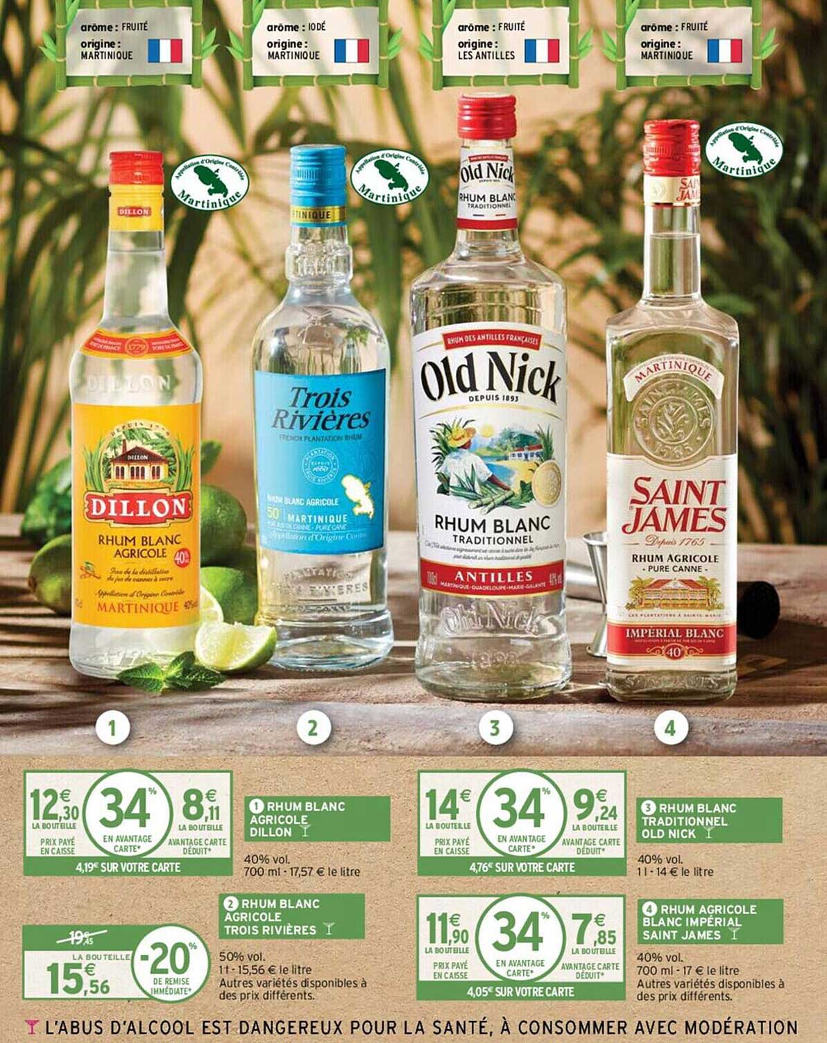 rhum blanc agricole dillon, rhum blanc agricole trois rivières, rhum blanc traditionnel old nick, rhum agricole blanc impérial saint james