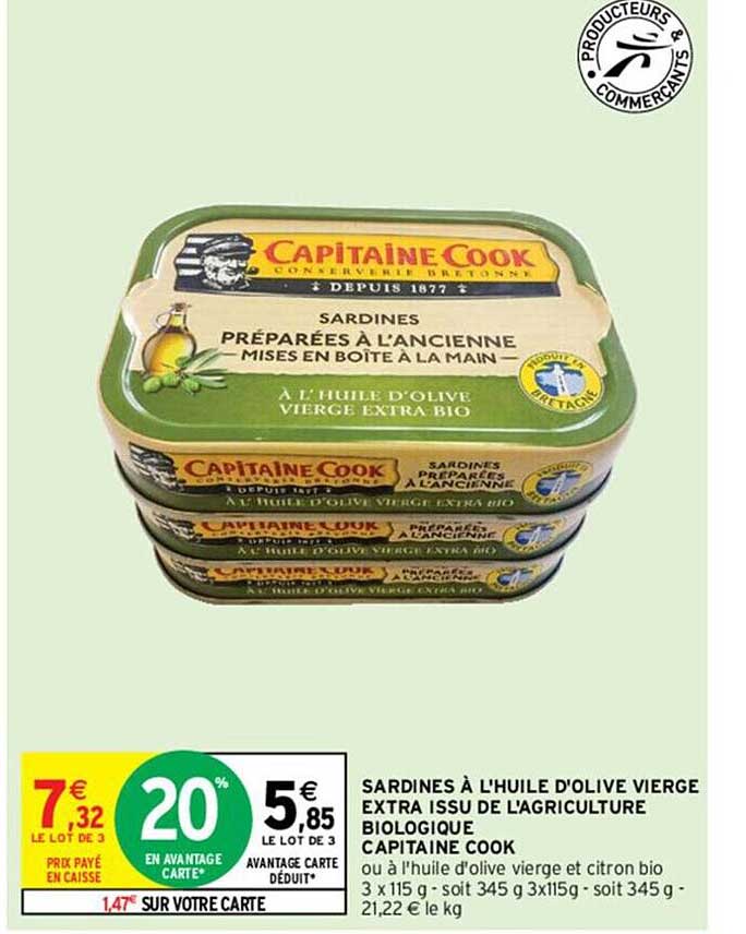 sardines à l'huile d'olive vierge extra issu de l'agriculture biologique capitaine cook