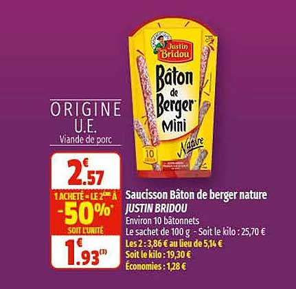 saucisson bâton de berger nature justin bridou
