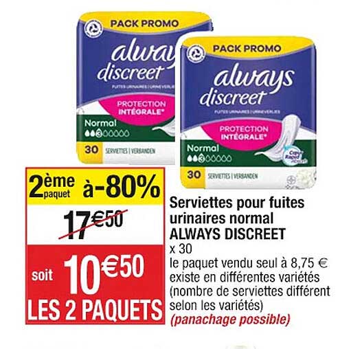 serviettes pour fuites urinaires normal always discreet