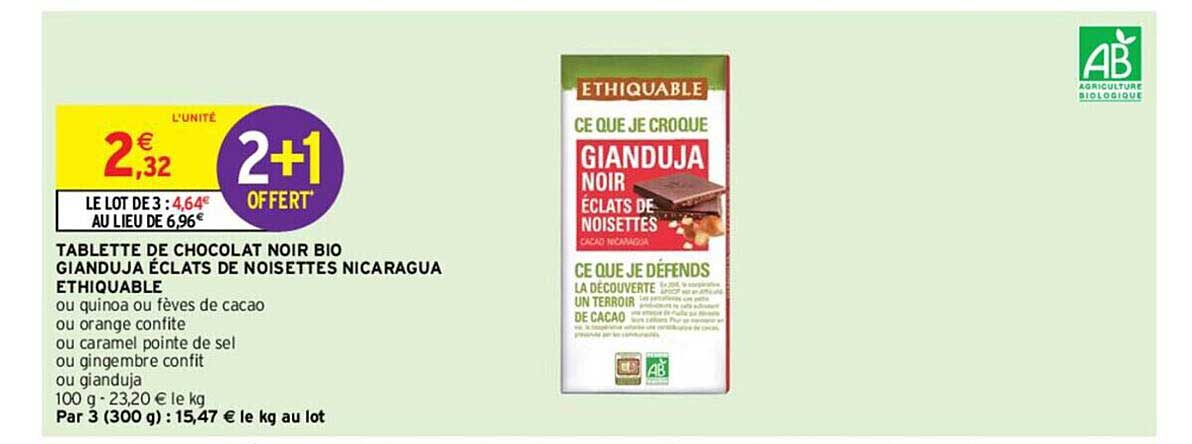 tablette de chocolat noir bio gianduja éclats de noisettes nicaragua éthiquable