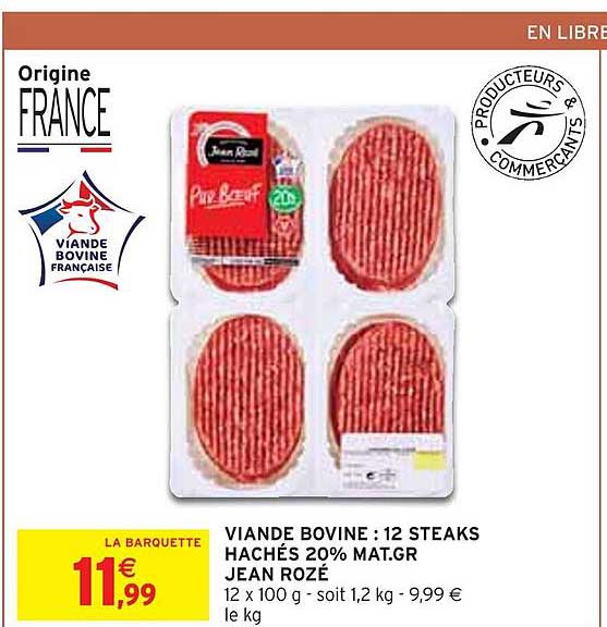 viande bovine : 12 steaks hachés 20% mat. gr. jean rozé