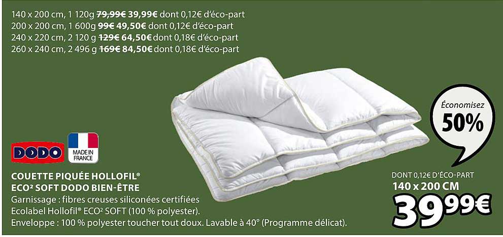 couette piquée hollofil eco2 soft dodo bien être
