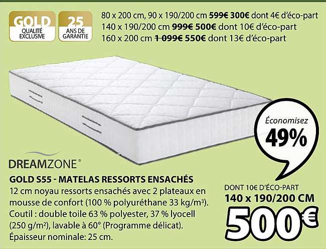 gold s55 matelas ressorts ensachés dreamzone
