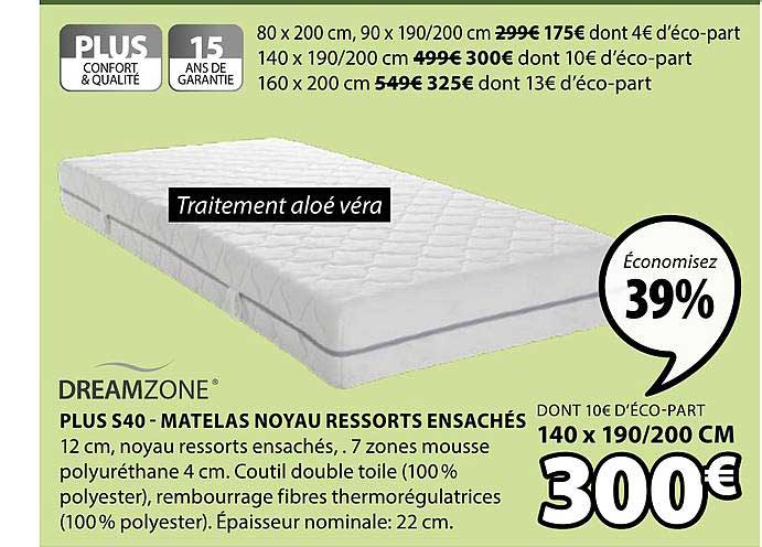 plus s40 matelas noyau ressorts ensachés dreamzone