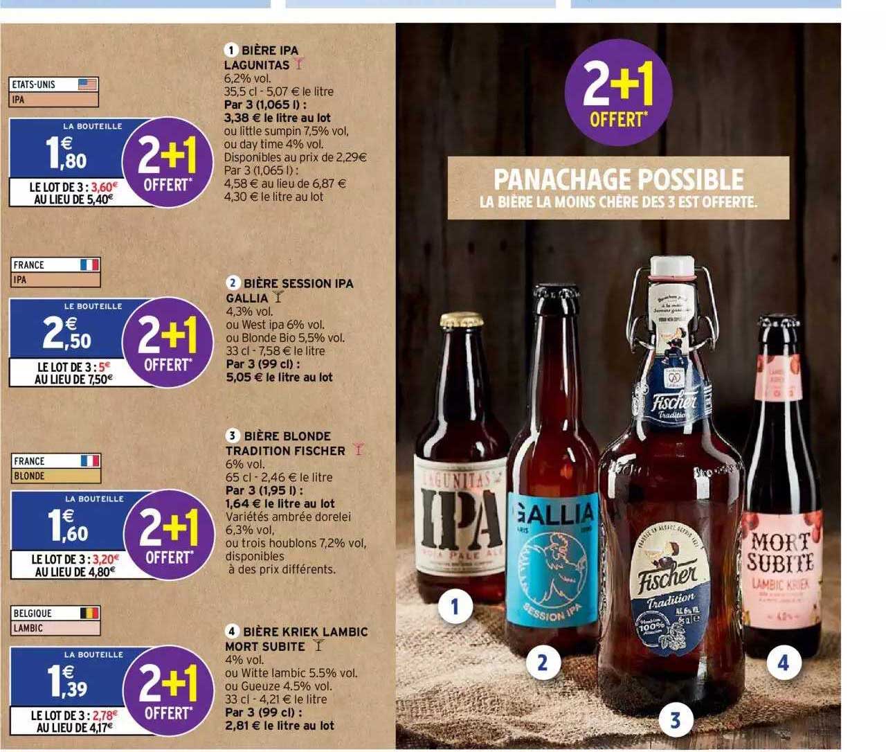 bière ipa lagunitas, bière session ipa gallia, bière blonde tradition fischer, bière kriek lambic mort subite