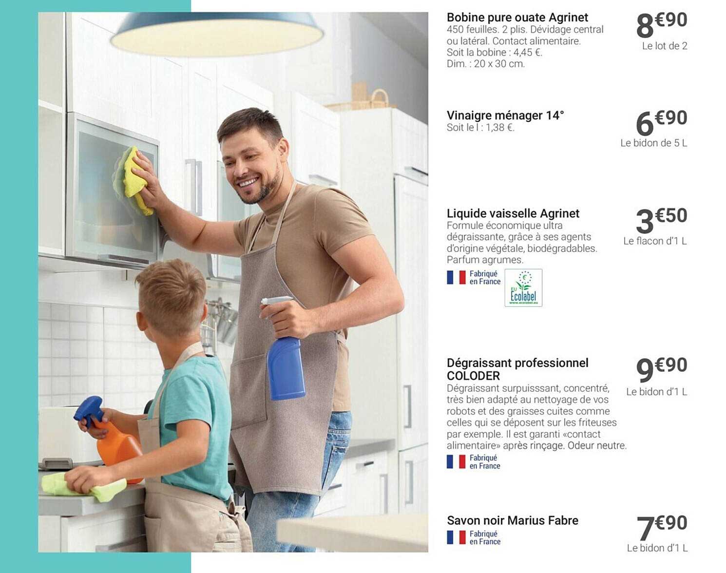 bobine pur ouate agrinet, vinaigre ménager 14°, liquide vaisselle agrinet, dégraissant professionnel coloder, savon noir marius fabre