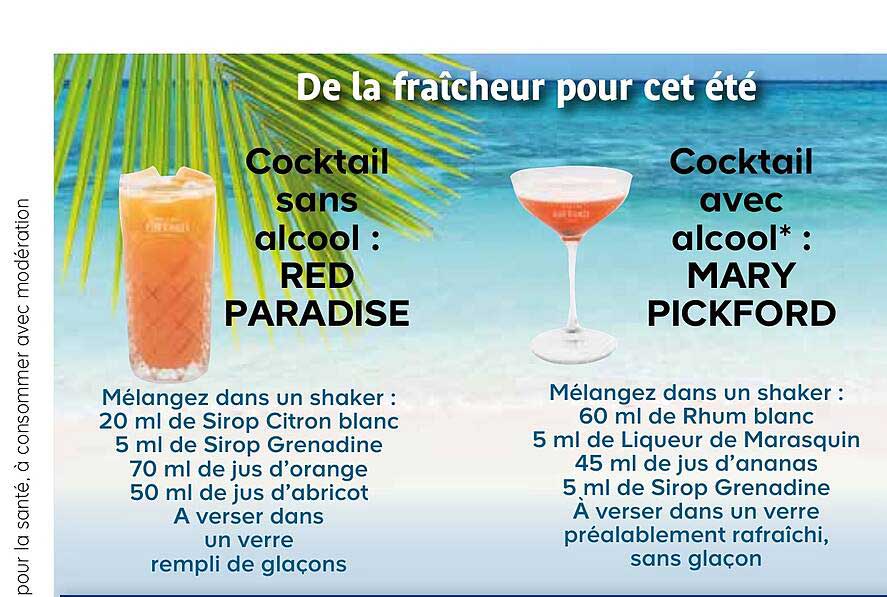 cocktail sans alcool : red paradise, cocktail avec alcool : mary pickford