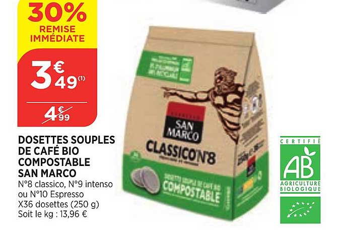 dosettes souples de café bio compostable san marco 30% de remise immédiate