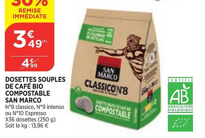 dosettes souples de café bio compostable san marco 30% de remise immédiate