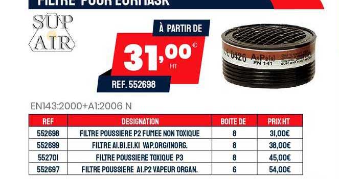 filtre poussière p2 fumée non toxique sup air réf. 552698
