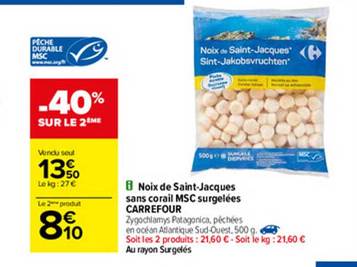 noix de saint-jacques sans corail msc surgelées carrefour