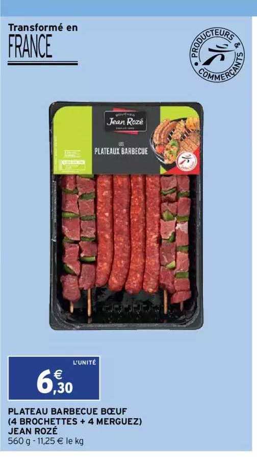 plateau barbecue boeuf (4 brochettes + 4 merguez) jean rozé