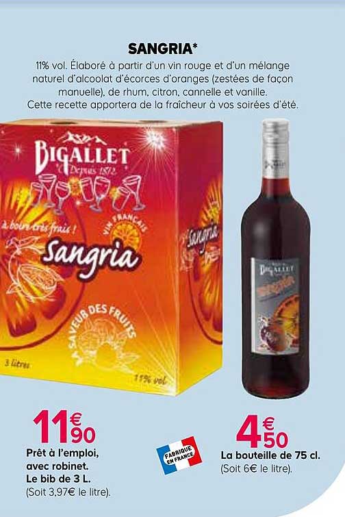 sangria prêt à l'emploi, avec robinet, le bib de 3 l., la bouteille de 75 cl