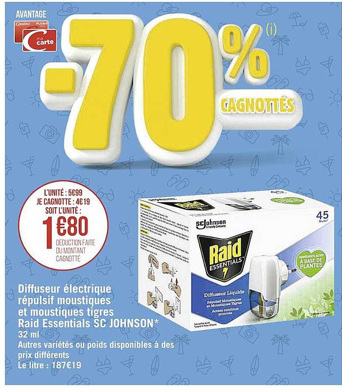 diffuseur électrique répulsif moustiques et moustiques tigres raid essentials sc johnson