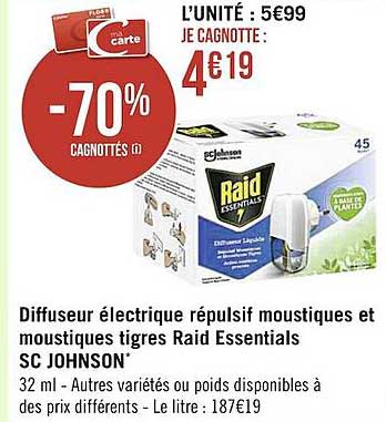 diffuseur électrique répulsif moustiques et moustiques tigres raid essentials sc johnson
