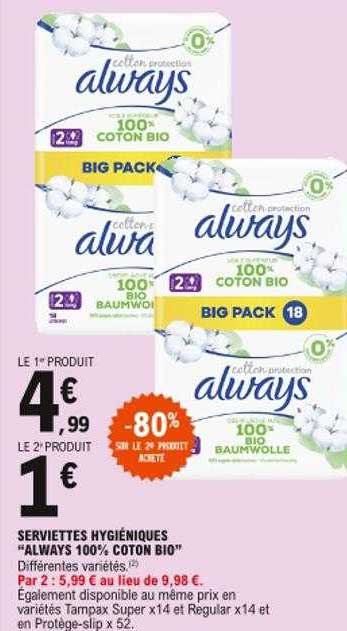 serviettes hygiéniques "always 100% coton bio"