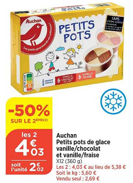 auchan petits pots de glace vanille - chocolat et vanille - fraise