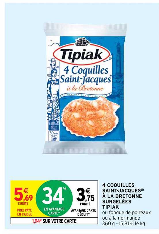 4 coquilles saint-jacques à la bretonne surgelées tipiak