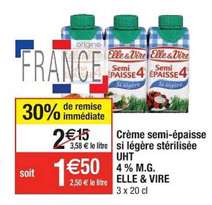 crème semi-épaisse si légère stérilisée uht 40% m.g. elle & vire