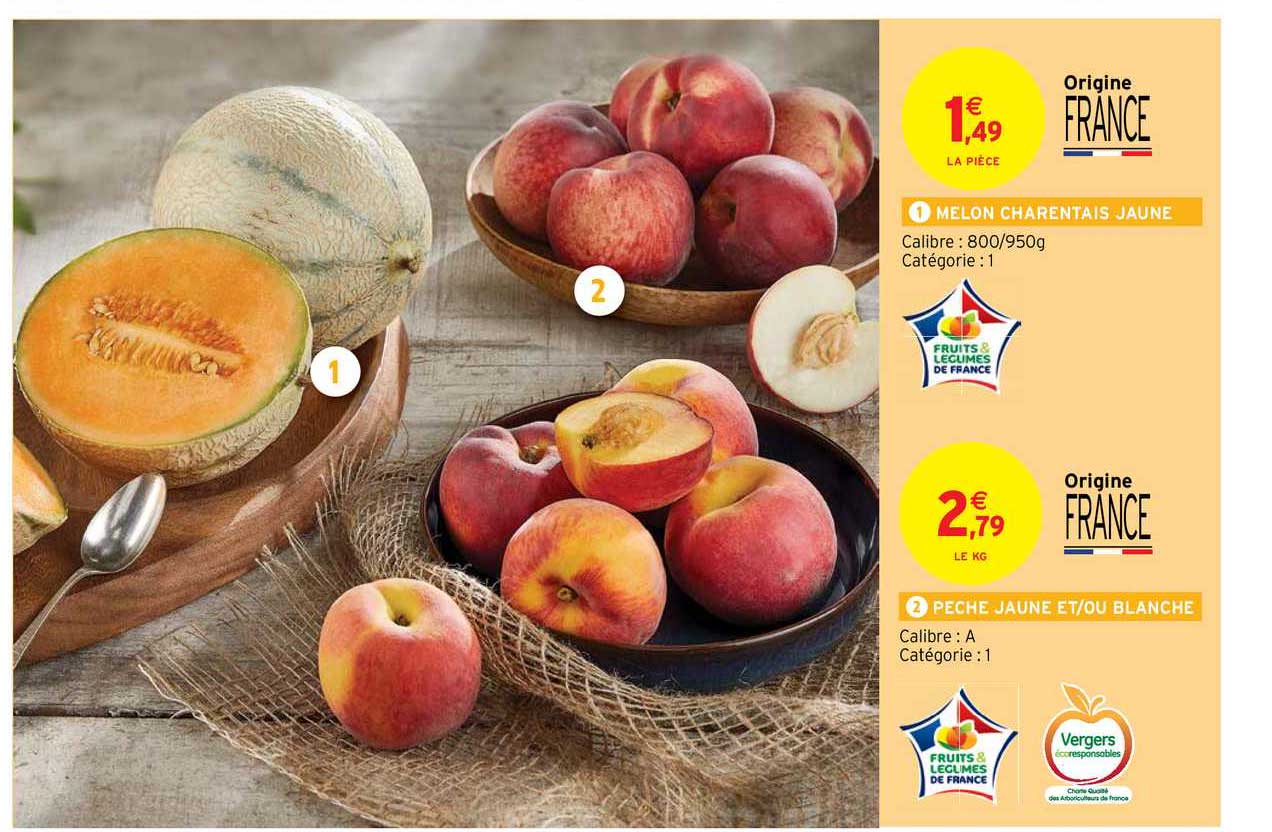 melon charentais jaune, pêche jaune et-ou blanche