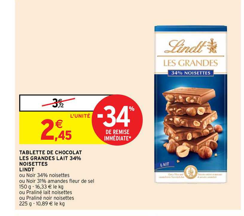 tablette de chocolat les grandes lait 34% noisettes lindt