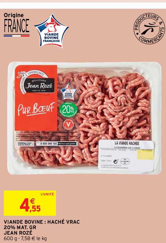 viande bovine : haché vrac 20% mat. gr. jean rozé