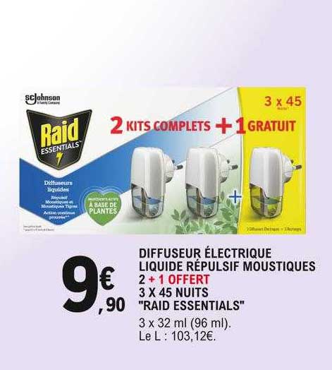 diffuseur électrique liquide répulsif moustiquaires 2+1 offert 3 x 45 nuits "raid essentials"
