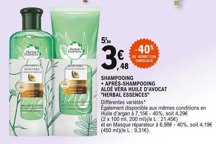 shampooing + après-shampooing aloé véra huile d'avocat "herball essences"