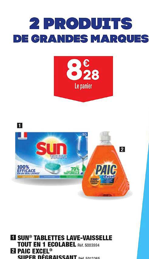 sun tablettes lave-vaisselle tout en 1 écolabel, paic excel super dégraissant