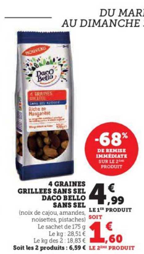 4 graines grillées sans sel daco bello sans sel