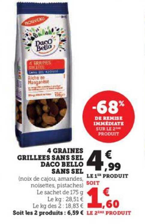 4 graines grillées sans sel daco bello sans sel