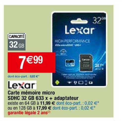 carte mémoire micro sdhc 32 gb 633 x adaptateur lexar