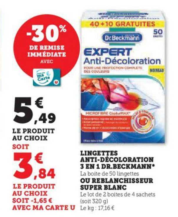lingettes anti-décoloration 3 en 1 dr. beckmann ou reblanchisseur super blanc