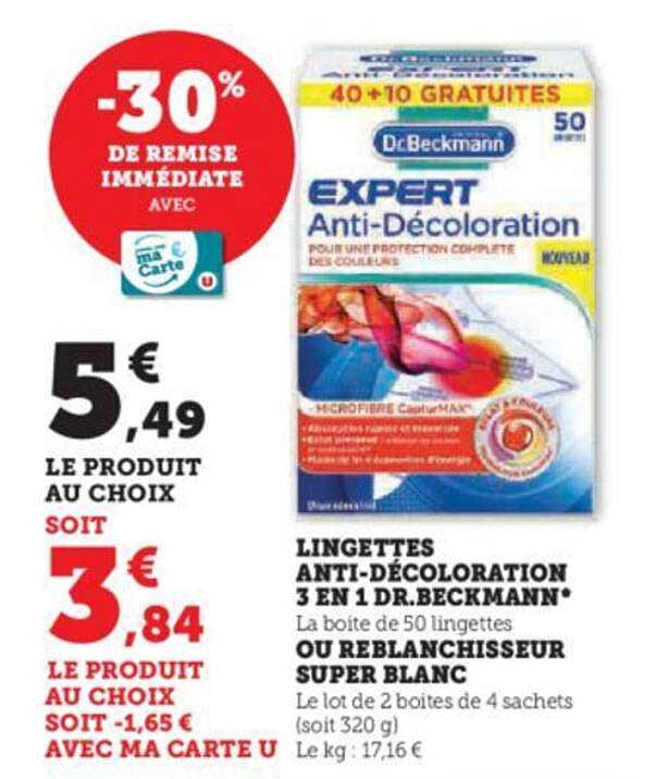 lingettes anti-décoloration 3 en 1 dr. beckmann ou reblanchisseur super blanc